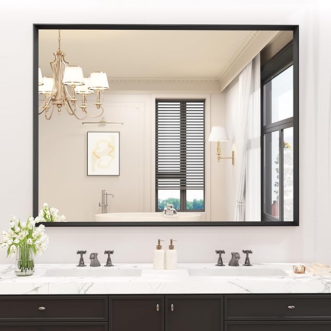 Bathroom Vanity Mirror 48x36 Inch, Matte Black Rectangle Bathroom Mirror, Anti-Rust, 4MM Tempered Glass, Wall-Mounted Mirror, Hangs Horizontally or Vertically for Bathroom & Bedroom