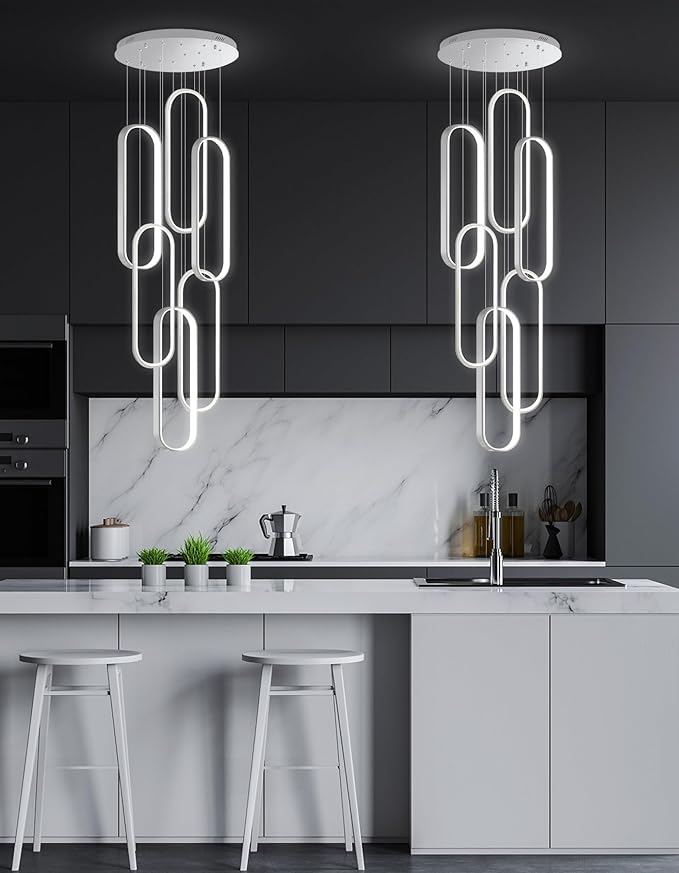 6 Rings Modern Chandelier LED Dimmable Pendant Lighting High Ceiling Chandelier for Entrance Foyer Lobby Living Room Staircaes Sliver 78.7''