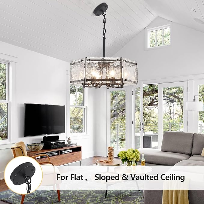 6-Light Black Glass Chandelier, 18.7" Modern Textured Glass Drum Chandelier for Dining Room, Farmhouse Round Hanging Light Fixture for Dining Room Kitchen Island Living Room Hallway Bedroom