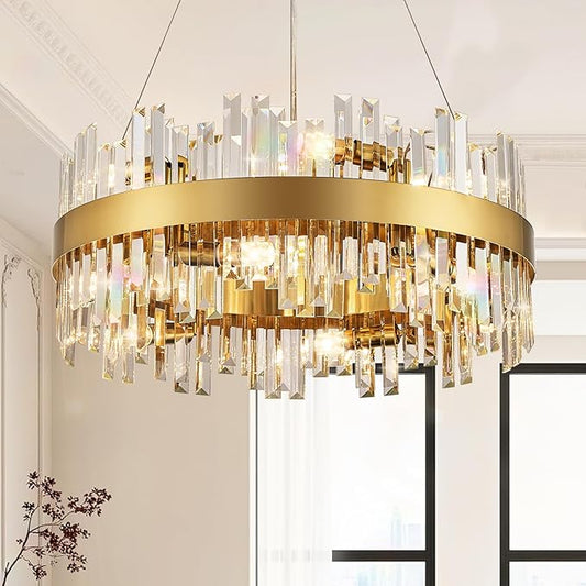 24'' Modern Gold Crystal Chandeliers, 12-Lights K9 Crystal Luxury Raindrop Chandelier Light Fixture,3 Colors Contemporary Pendant Ceiling Light for Dining Room Living Room Entryway Foyer