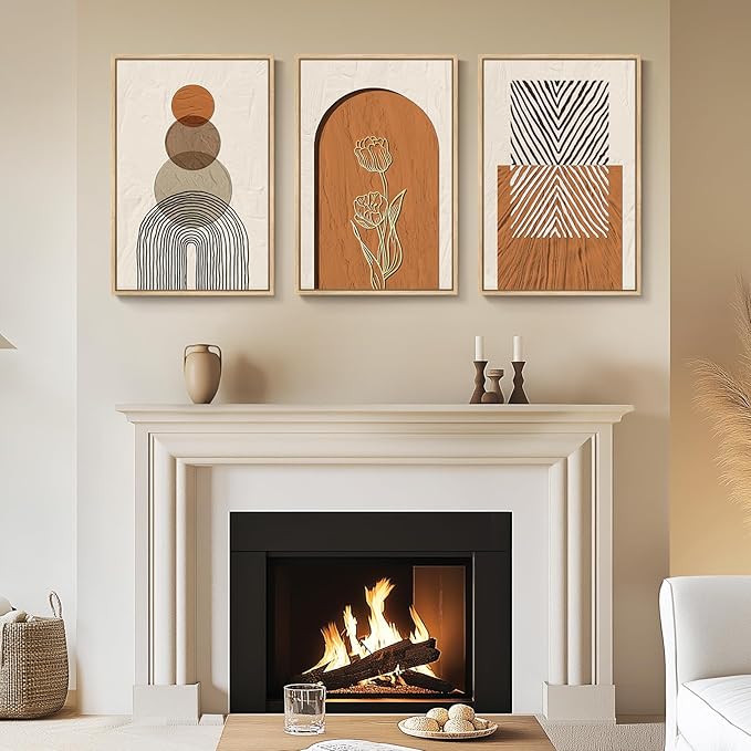 Large Boho Framed Wall Art, Set of 3 Piece Bohemian Wall Hanging Canvas Paintings Artwork for Walls, Neutral and Orange Geometric Art Prints Pictures for Living Room Bedroom Office Wall Decor 16x24 In