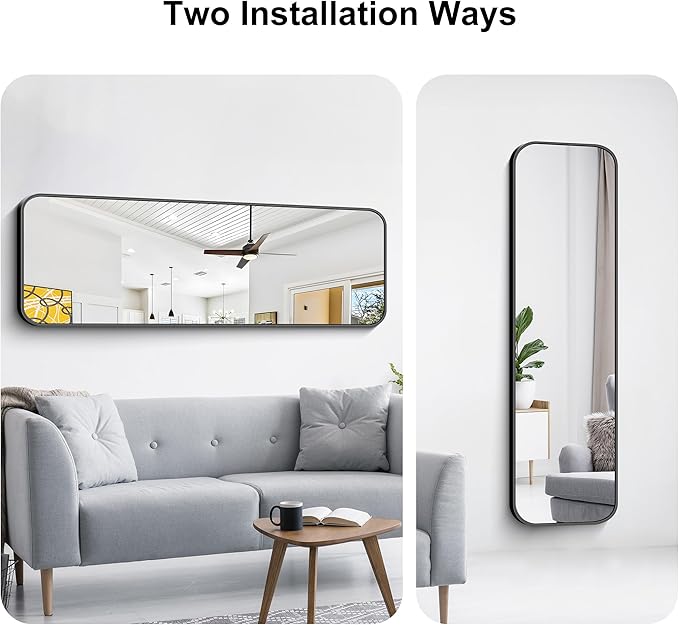 KOCUUY Black Bathroom Mirror 60"x20", Large Vanity Mirror with Rounded Corner, Metal Black Frame with Mordern Design for Bathroom, Living Room, Entryway, Hang Horizontal/Vertical