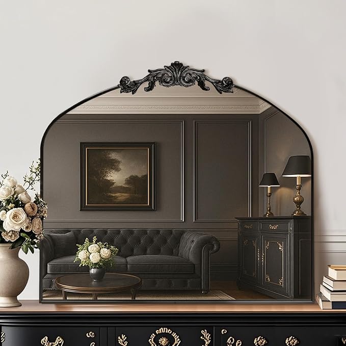MISSDAY Vintage Matte Black Baroque Mirror for Wall, 36"X30" Arched Antique Wall Mirror with Elegant Carving Top, Full Metal Frame Wall-Mounted Mirror for Bathroom, Living Room, Fireplace, Entryway