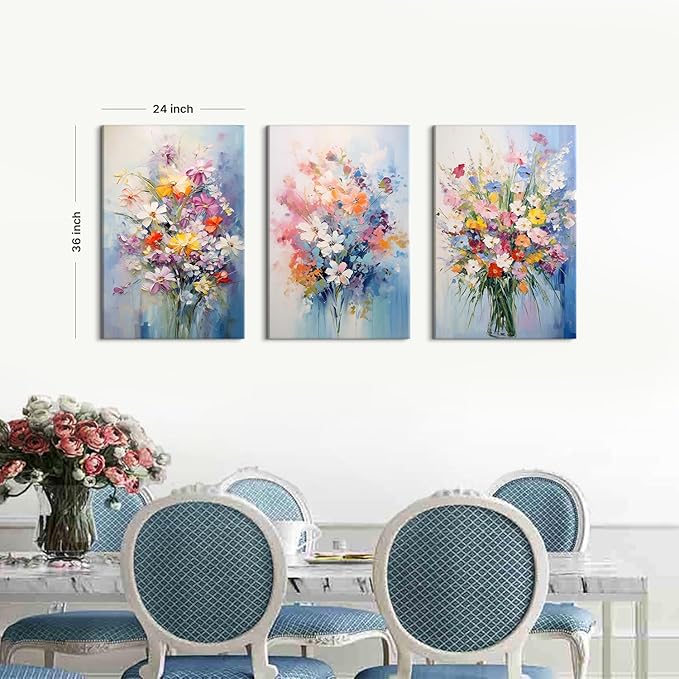 Colorful Flower Canvas Wall Art Daisy Poppy Wall Decor for Bedroom Living Room Abstract Floral Bouquet Pictures Prints Nature Wildflower Posters Modern Artwork Bathroom Home Decorations 24x36” 3 Piece