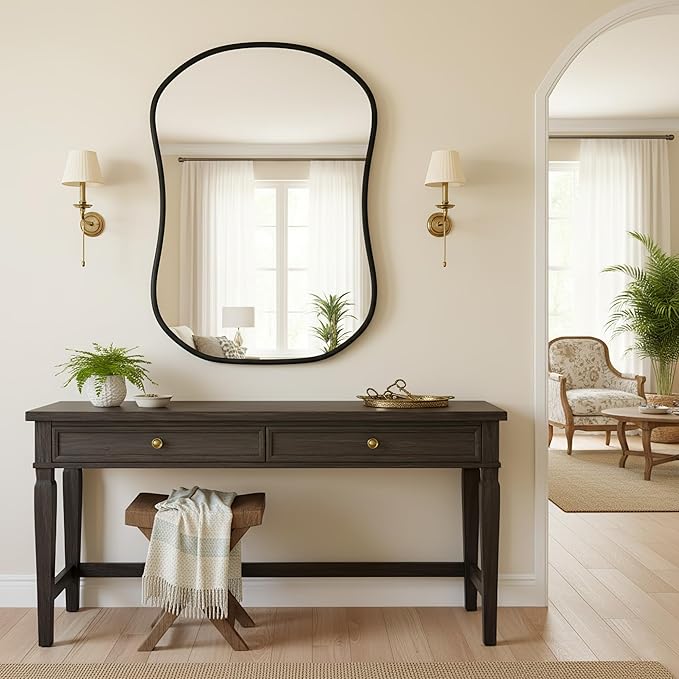 Asymmetrical Wall Mirror 26 * 36 Black Irregular Abstract Shatter-Proof Aluminum Alloy Decorative Wavy Framed Makeuop Mirrors for Bathroom, Bedroom, Cloakroom, Entryway