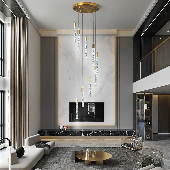 9-Light Modern Living Room Chandelier Gold Brass Finish Crystal Ceiling Pendant Lights LED Dimmable 54W 6000K Staircase Large Chandeliers for Entryway Lobby Foyer High Ceiling Chandeliers