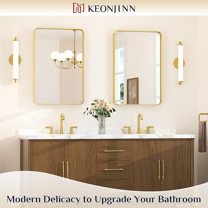 Keonjinn Gold Bathroom Mirrors for Wall 20 x 30 Inch Rounded Rectangle Gold Vanity Mirror, Brushed Brass Mirror with Metal Frame, HD Tempered Glass, Decorative Farmhouse Mirror(Horizontal/Vertical)