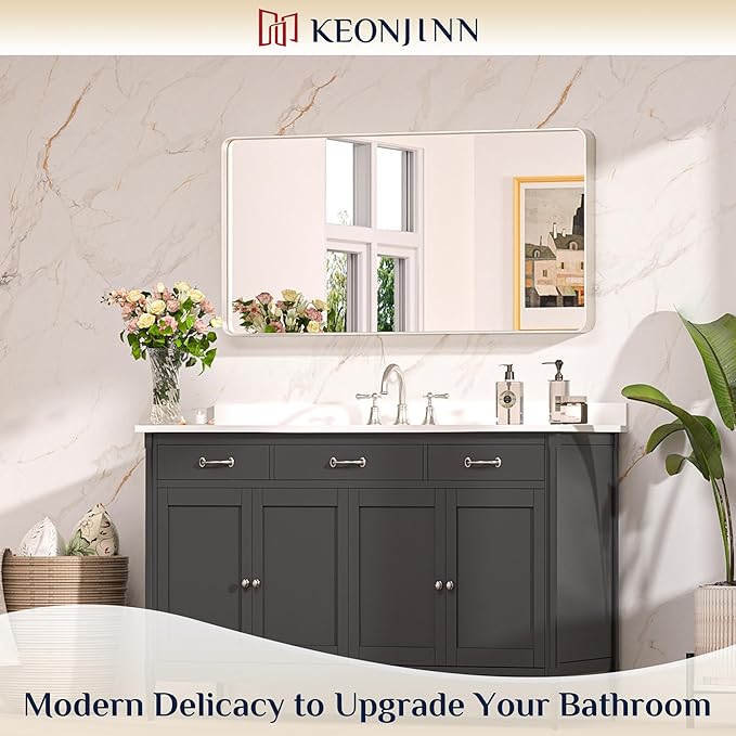 Keonjinn 42 x 20 Inch Brushed Nickel Bathroom Mirrors for Over Sink, Rounded Rectangle Silver Bathroom Vanity Mirror, Metal Framed Farmhouse Mirror for Wall, HD Tempered Glass(Horizontal/Vertical)