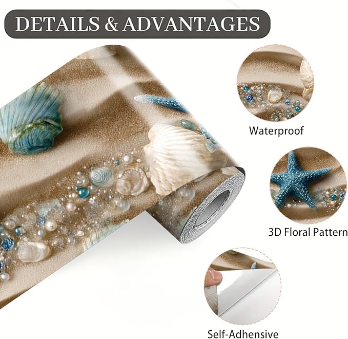 Beach Seashell Wallpaper Border 196x4 Inch Peel and Stick Wall Border Self Adhesive Ocean Starfish Removable Vinyl Trim for Living Room Bedroom Bathroom Kitchen Cabinet Decoration