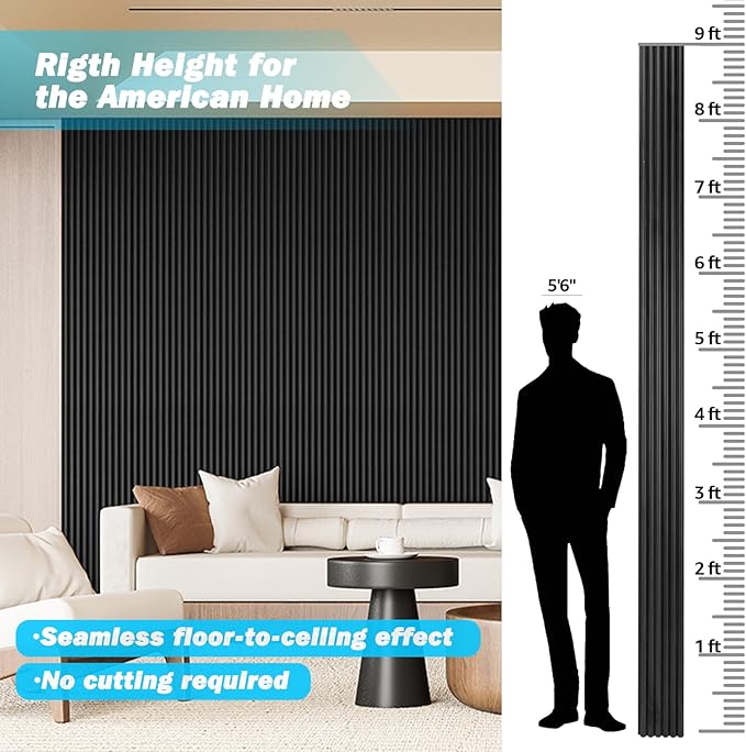 Art3d Fluted Wood Panel for Wall and Ceiling, Beaded Accent molding for Home Decoration, Pack of 4pcs + 1pc End-Trim, Size 108 x 5.7in.- Beaded Black