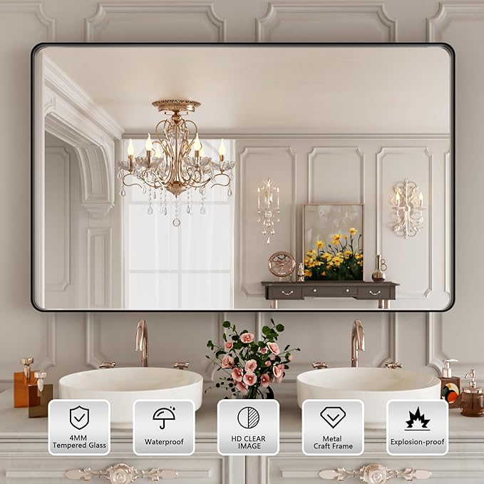 48x30 Inch Black Bthroom Mirror,Black Metal Frame Vanity Mirror,Rounded Rectangular Matte Black Wall Mirrors,Tempered Glass,Anti-Rust,Horizontal or Vertical