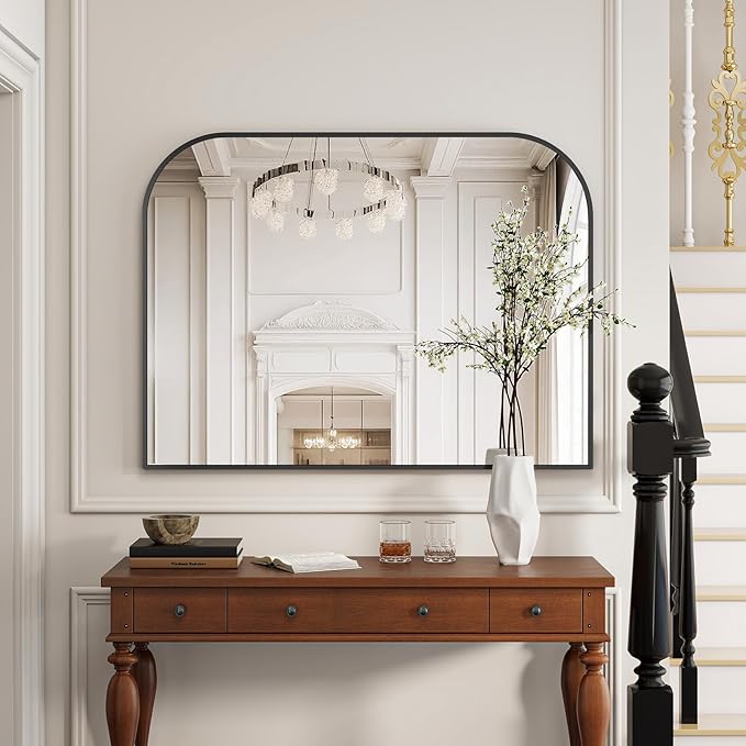 Black Wall Mounted Bathroom Mirror - 38 x 30 Inch Round Cruved Top Right Angle Bottom Wide Wall Mirror, Aluminum Metal Framed, Decor for Living Room, Bedroom, Fireplace, Mantle, Entryway