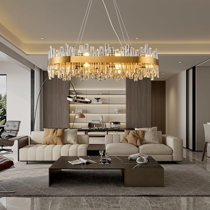 Modern Crystal Chandeliers, Luxury Rectangular 2 Tiers K9 Crystal Chandelier, 16-Light Brass Gold Rectangle Oval Flush Mount Ceiling Light Fixture for Dining Room Kitchen Foyer, L35.4''