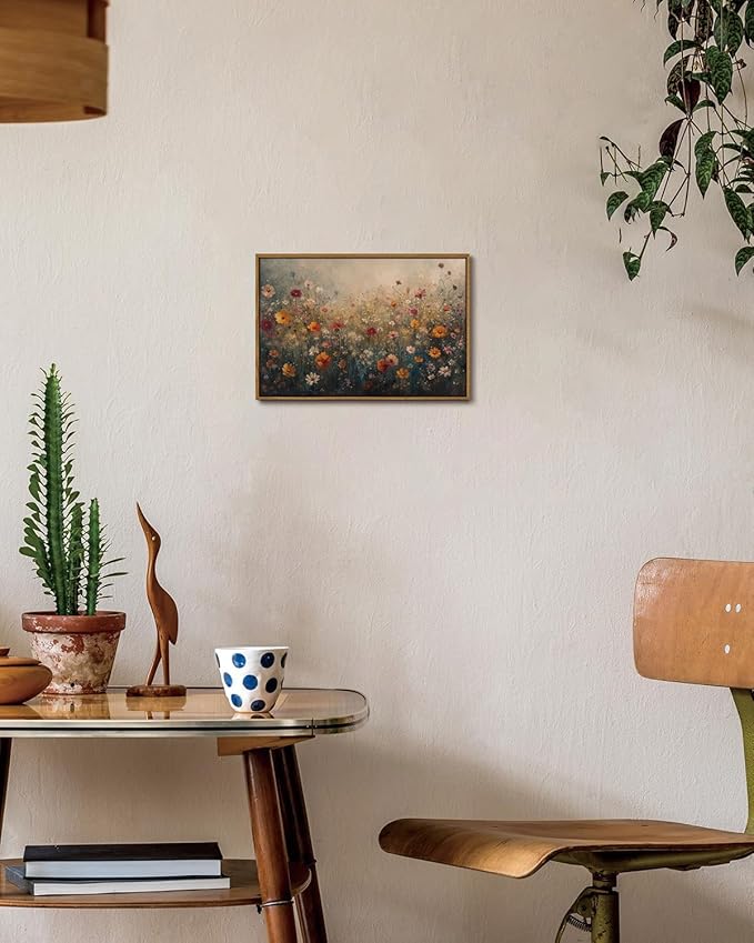 KISSFOX Vintage Framed Wall Art Farmhouse Dreamy Wildflower Field Canvas Art Colorful Daisy Floral Paintings Artwork Natural Rustic Art Prints For Bedroom Bathroom Living Room