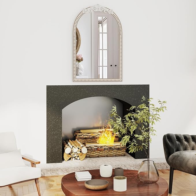 24''x36'' Arched Wall Mirror with Beads Wooden, Vintage Baroque Decorative Arch Mirrors for Entryway, Fireplace, Living Room, Hallway, Bathroom Boho Accent
