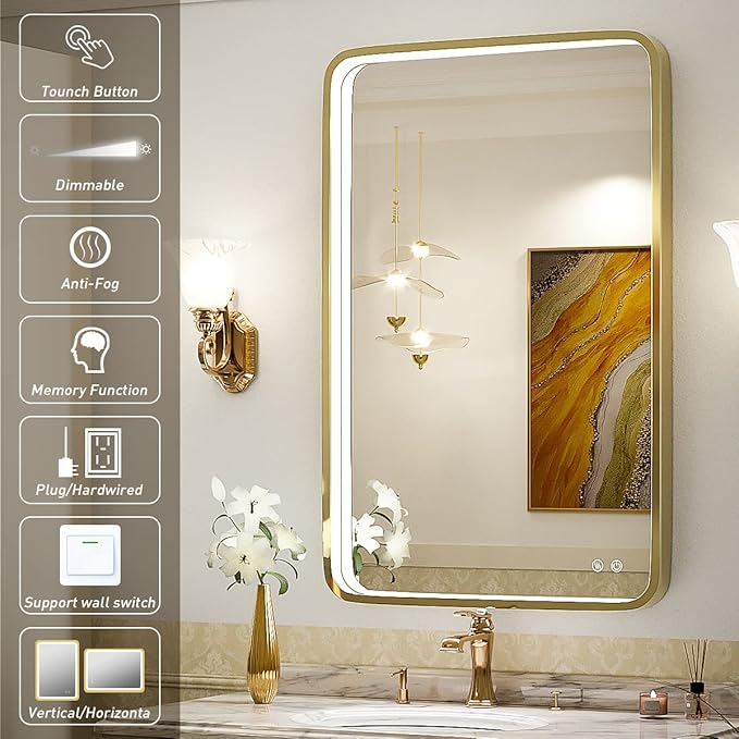 24x36 Inch LED Bathroom Vanity Mirror with lights,Wall Mounted Lighted Mirrors with Non-Rusting Gold Metal Frame Anti-Fog Memory Funtion Stepless Dimmable for Bathroom Decor(Horizontal&Vertical)