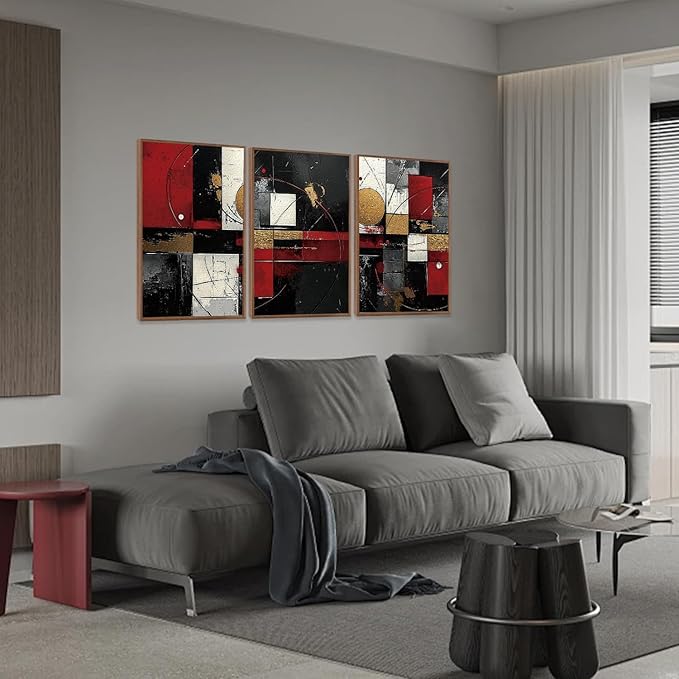 LHIUEM Abstract Black Framed Canvas Wall Art,Modern Red Wall Decor,Boho Metal Painting,Minimalist Textured Gold Artwork for Living Room,Bedroom,Dining Room -16"x24"x3