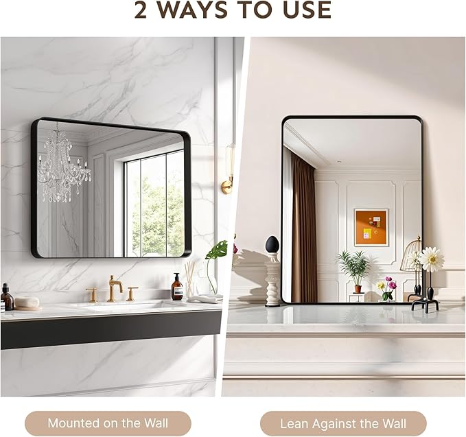 Kosmonia 32x24 Bathroom Vanity Mirror for Wall, Aluminum Framed, Farmhouse Rectangle, Anti-Rust, HD Reflection Anti-Desilvering, Distortion Free, Tempered and Shatter-Proof Wall Mounted Mirror, Black
