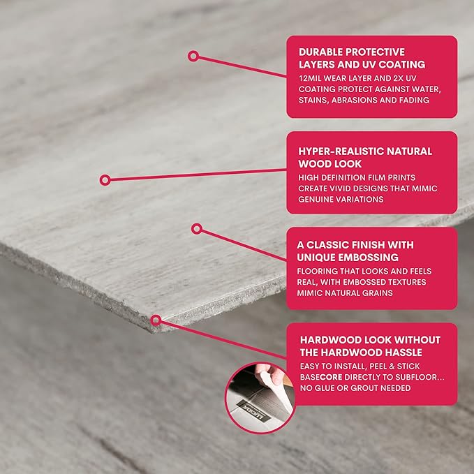 LUCiDA SURFACES Luxury Vinyl Flooring Tiles-Peel and Stick Floor Tile for DIY Installation-Sample Wood-Look Plank-Winter-Basecore-6 inch x 12 inch