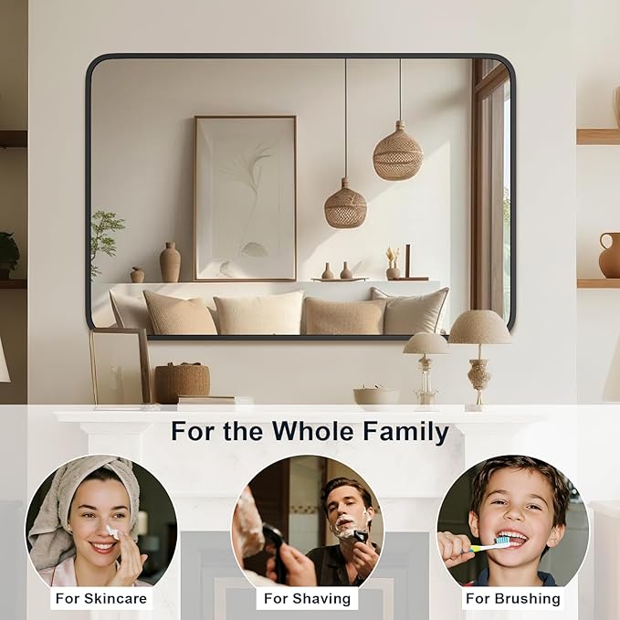 Black Bathroom Mirror 22×30 Inch Rounded Rectangle Bathroom Mirrors for Over Sink Metal Framed Bathroom Vanity Mirrors for Wall Modern Decor for Bedroom, Hallway, Fireplace