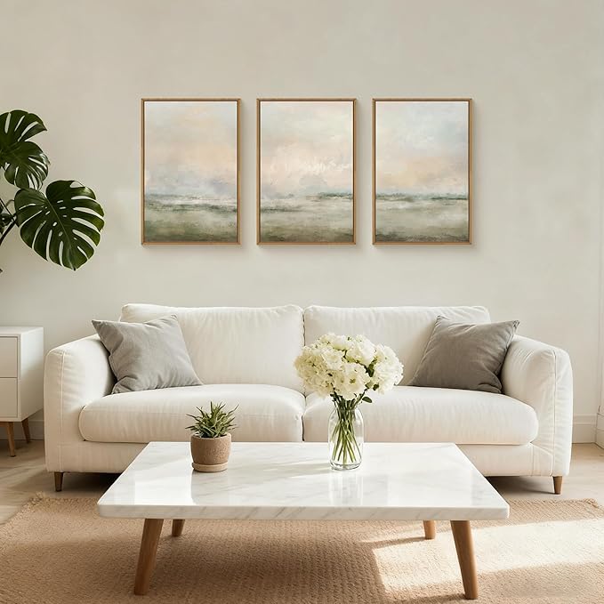 Aryroi Abstract Beige Green Landscape Framed Canvas Wall Art Set, Watercolor Natural Tan Wall Decor, Minimalist Neutral Modern Scenery Artwork for Living Room, Bedroom,Farmhouse- 16"x24"x3