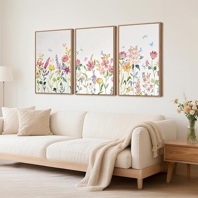 CHDITB Watercolor Floral Framed Wall Art, Colorful Botanical Flowers Wall Decor, Pastel Flower Artwork Minimalist Wildflower Painting, Modern home Art Prints for Living Room, Bedroom, Office 24"x36"x3