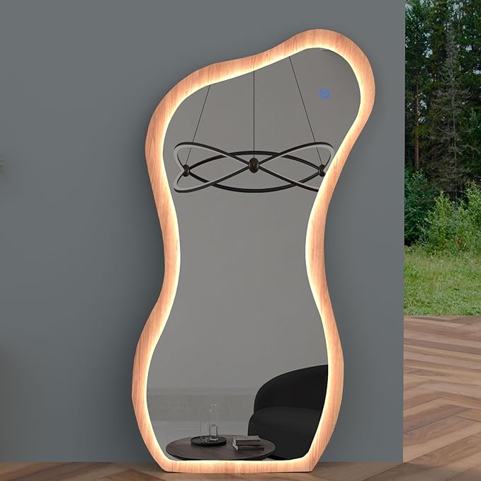 48" x 24" Irregular Led Wood Full Length Mirror with Lights Wavy Floor Mirror,Shatter-Proof Hanging/Leaning Irregular Asymmetrical Wall Mirror Wooden Framed Mirrors for Living Room Bedroom Entryway