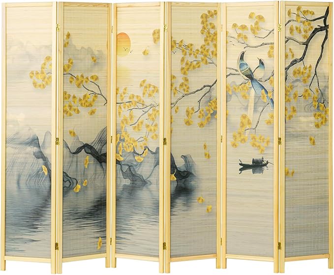 MyGift 6 Panel Large Bamboo Room Divider with Dual Sided Asian Birds Gingko Biloba Tree Sunset Design Print, 6FT Freestanding Artwork Privacy Partition Folding Screen with Beige Solid Wood Frame