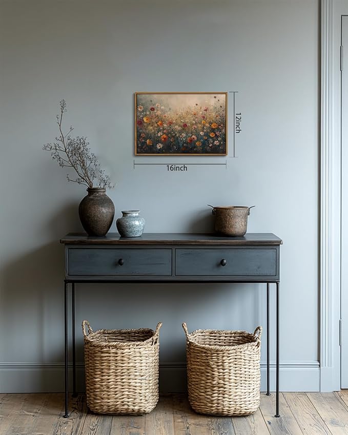 KISSFOX Vintage Framed Wall Art Farmhouse Dreamy Wildflower Field Canvas Art Colorful Daisy Floral Paintings Artwork Natural Rustic Art Prints For Bedroom Bathroom Living Room