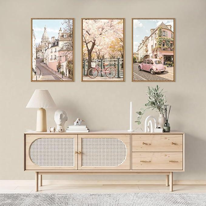 Ausril Italy Pink Cityscape Framed Canvas Wall Art Set, Romantic Flower Street Wall Decor, Vintage Travel City Wall Painting, Italian Pink Bike Art Prints for Living Room, Bedroom, Office - 16"X24"X3
