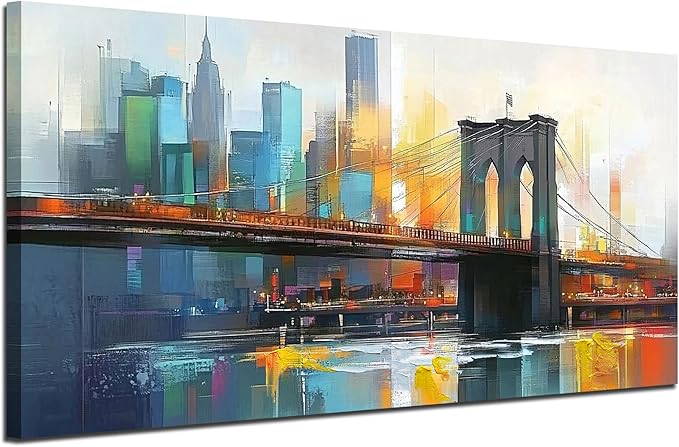 Arjun Cityscape Wall Art New York City Canvas for Living Room Painting Brooklyn Bridge Manhattan Bedroom Wall Art for Men Modern Picture Artwork Large Framed Home Office Wall Decor 48"x24"