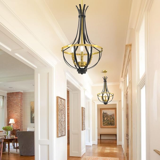 Black and Gold Chandelier, 6-Light Dining Room Light Fixture, Farmhouse Kitchen Island Lighting, Modern Kitchen Chandeliers Over Table, Hanging Pendant Lights for Bedroom, Foyer, Staircase, Entry