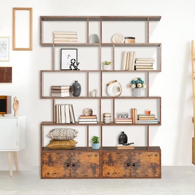 6-Tier Geometric Bookcase Set of 2, 72” Freestanding Room Divider Bookshelf with Open Display Shelves & Storage Cabinet, Wood S-Shaped Storage Organizer for Living Room, Bedroom & Home Office