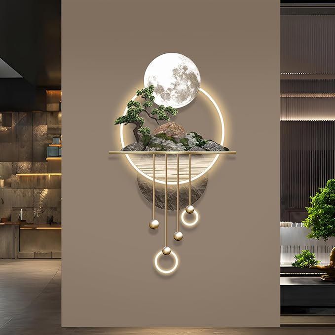 3D Art Wall Decor with Light, Decor Wall Sculptures Large 3D Art, Modern Home Decor Landscape Wall Sculpture, Plug-in Power Supply, Gold A, 23x49IN