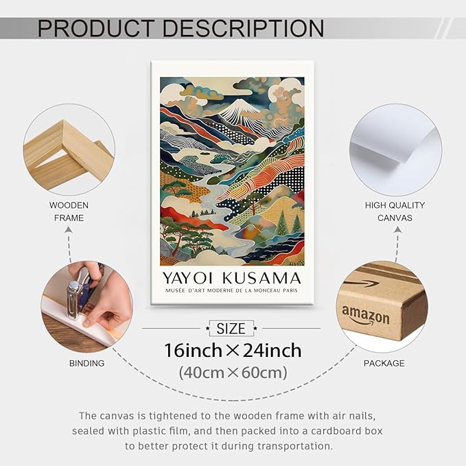 Japanese Canvas Wall Art Ya.yoi Kus.ama Mount Fuji Posters Asian Landscape Pictures Prints Modern Nature Mountain Artwork for Bathroom Living Room Bedroom Office Home Decor 16x24 inch Framed