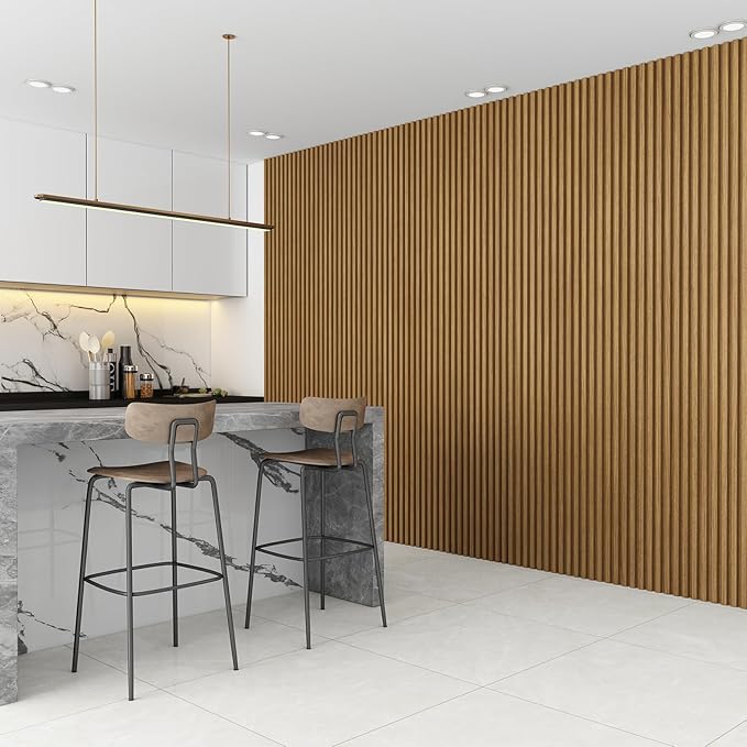 8-Pack WPC Wall Panels 108’’ x 6.1’’ 3D Slat Wall Panel Acoustic Wall Paneling for Interior Wall Decor TV Background Kitchen Bedroom Oak