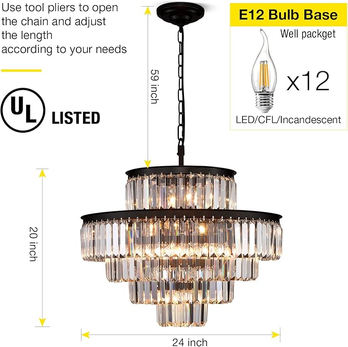 Black Modern Style Crystal Chandeliers & LightsRound Hanging Classic, Pendant Ceiling Chandelier Lighting Fixture 5-Tier for Dining Room Living Room(24 inch,Black)