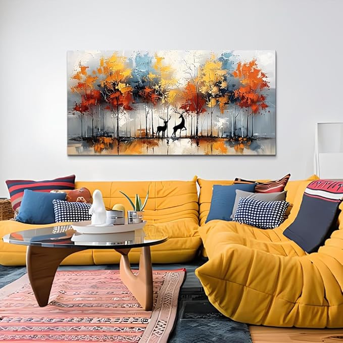 Lapremoly Large Wall Art For Living Room Framed Wall Decor For Bedroom Modern Office Decorations Textured Abstract Wall Pictures Elk Forest Landscape Paintings Canvas Art Prints Home Decor Artwork