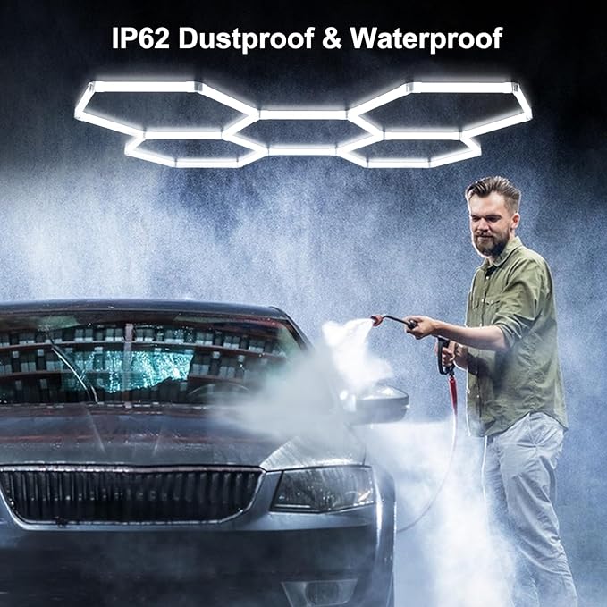 3 Colors Hexagon LED Shop Lights, 192W 23040LM Garage Ceiling Lights, Hardwire or Plug-in, IP62, Flicker-Free, Expandable DIY Design for Workshop Garage Gym, 25 Pack