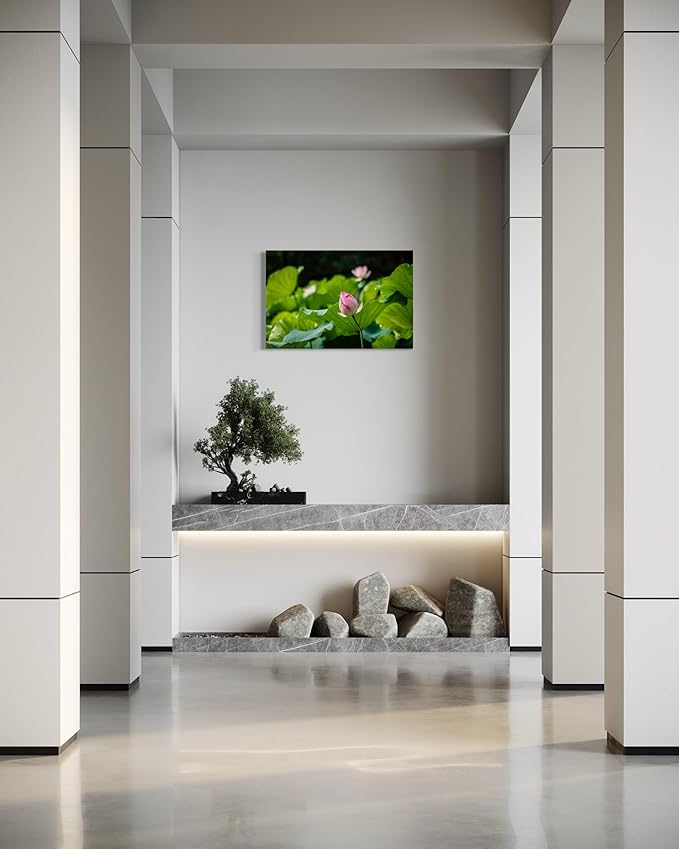 Oriental Beauty: Stunning Feng Shui Landscape Wall Art Prints for Home Decor in 3 Sizes (Serenity in Bloom: Pink Lotus Bud Amidst Green, 24" x 36")