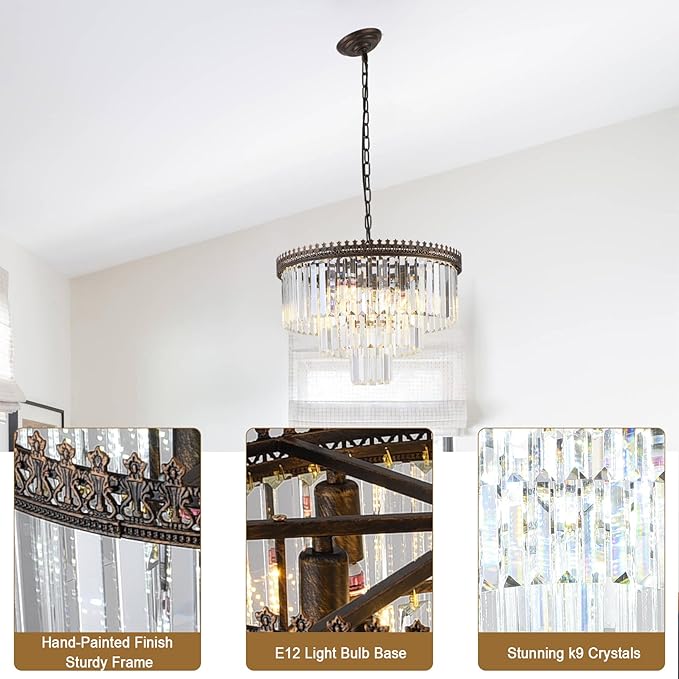 6-Light Crystal Chandelier, 3-Tier Modern Chandelier for Dining Room, Farmhouse Round Crystal Hanging Light Fixture for Foyer Living Room Entryway Bedroom