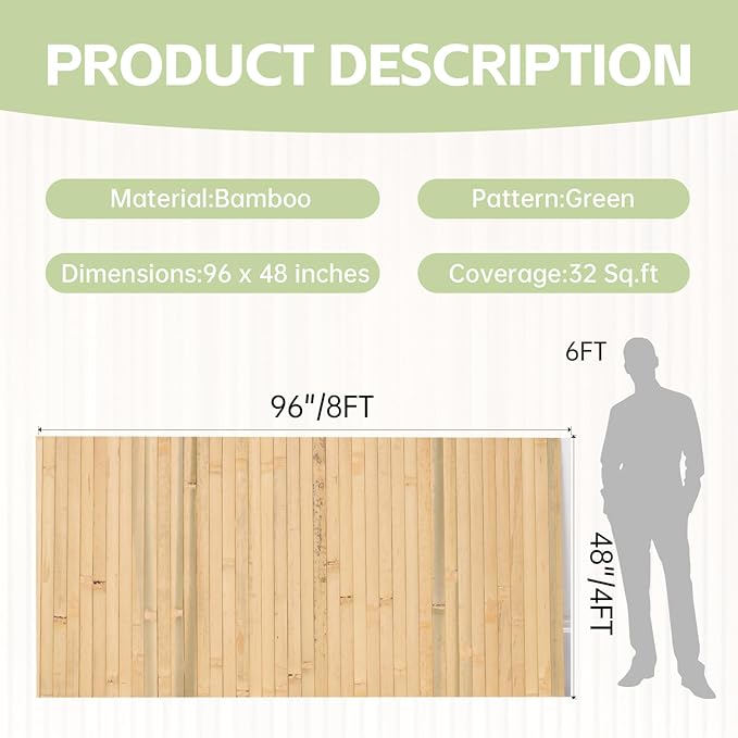 Bamboo Wall Panels for Interior Wall Decor（48" H x 96" L） Natural Wainscoting Panels Wall Paneling for Living Room Decor, Tiki Bar,Kitchen,Ceiling Tiles, Pole Wrap Wood Roll,Wall Decor for Bedroom