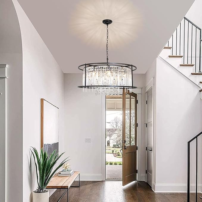 Modern Crystal Chandelier Black Round Lighting Fixture for Dining Room Bedroom Entryway Kitchen Island Living Room