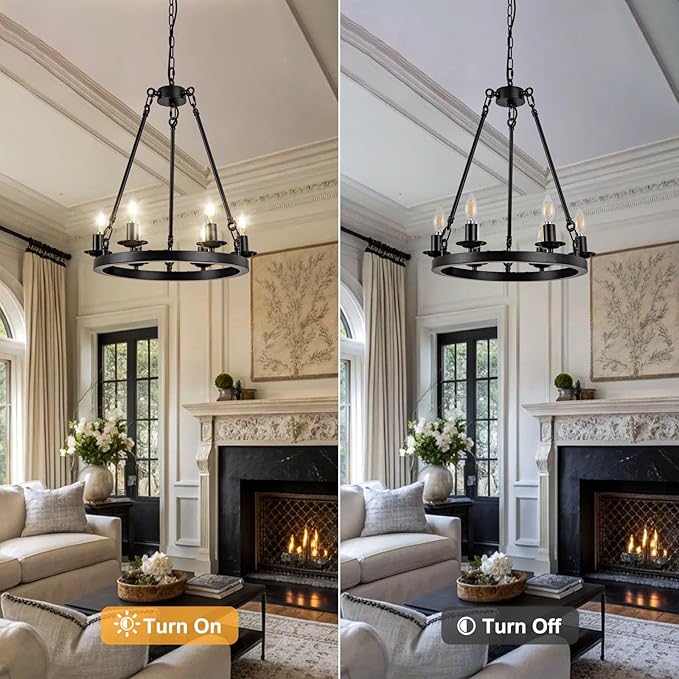 6-Light Black Wagon Wheel Chandelier, Modern Farmhouse Chandelier Rustic Industrial Round Small Wagon Wheel Light for Dining Room, Kitchen, Bedroom, Living Room,Entryways