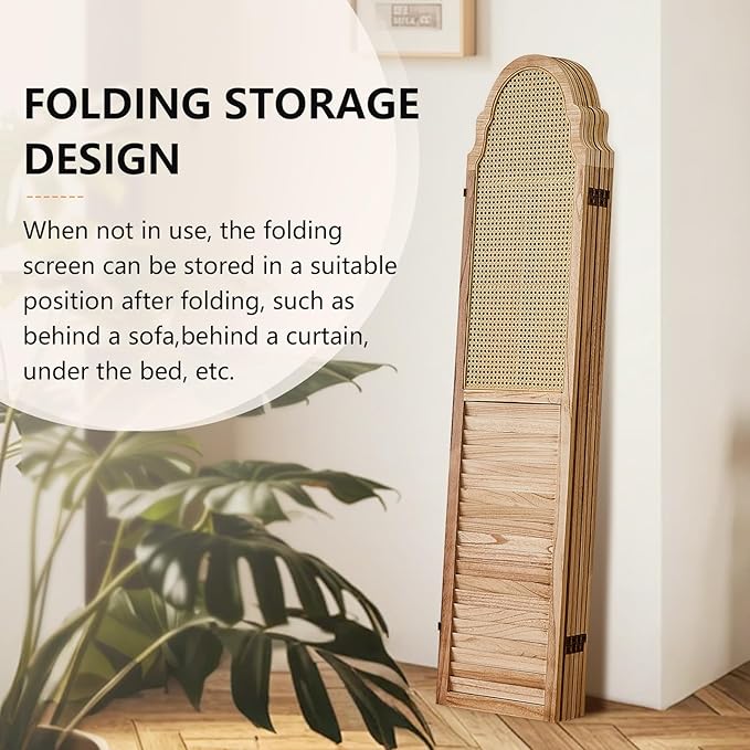 6 Panel Rattan Room Divider, 6 FT Tall Portable Partition Solid Wood Frame Folding Privacy Screen, Partition Room Divider Ideal for Bedroom Living Room Office, Light Brown