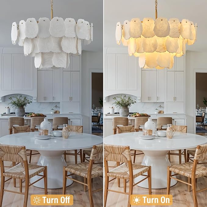 Alabaster Chandelier, D32in Modern Marble Dining Room Chandeliers, 3-Tiers Natural Brass Round Chandelier Over Table for Living Room, Dining Room, Bedroom, Bathroom, Foye, Entryway, Kitchen