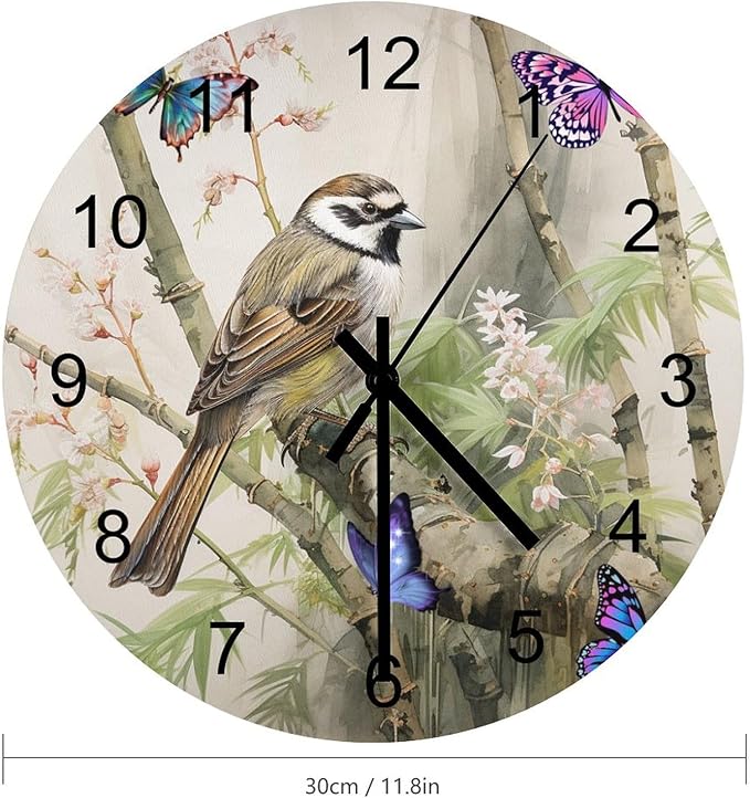 Bird Flower Hummingbird Decorated Round Wall Clock, Retro Watercolor Bamboo Forest Ink-Wash Painting Style Spring Garden Tropical Flower Wooden Silent Wall Clock 12x12INCH