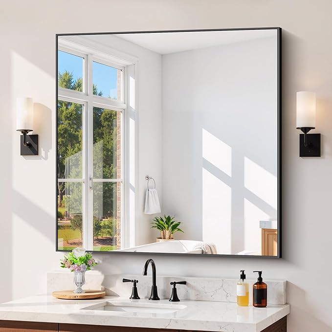 Black Bathroom Mirror for Wall, 39x39 Inch Rectangle with Metal Frame, Square Modern Vanity for Bathroom Living Room, Entryway Hangs Horizontal or Vertical