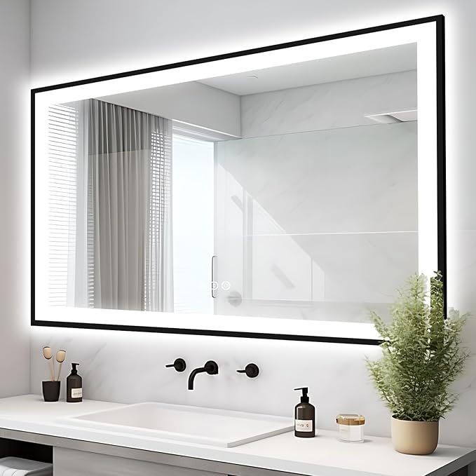 51x36 Lighted Mirrors for Bathroom Wall -Black Aluminum Framed (Front and Backlit), Anti-Fog LED Vanity Mirror, Shatter-Proof Lighted Mirror, 3 Colors Memory Mirror (Horizontal/Vertical)