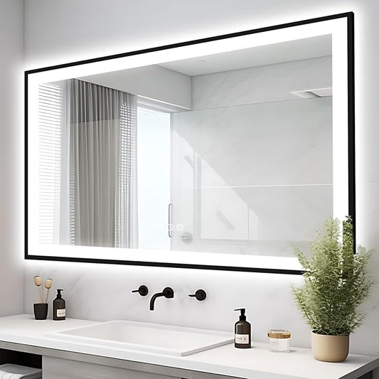 51x36 Lighted Mirrors for Bathroom Wall -Black Aluminum Framed (Front and Backlit), Anti-Fog LED Vanity Mirror, Shatter-Proof Lighted Mirror, 3 Colors Memory Mirror (Horizontal/Vertical)
